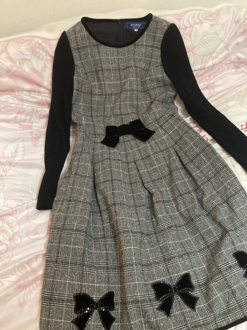 エムズグレイシー　チェックワンピース　リボン　スパンコール 38