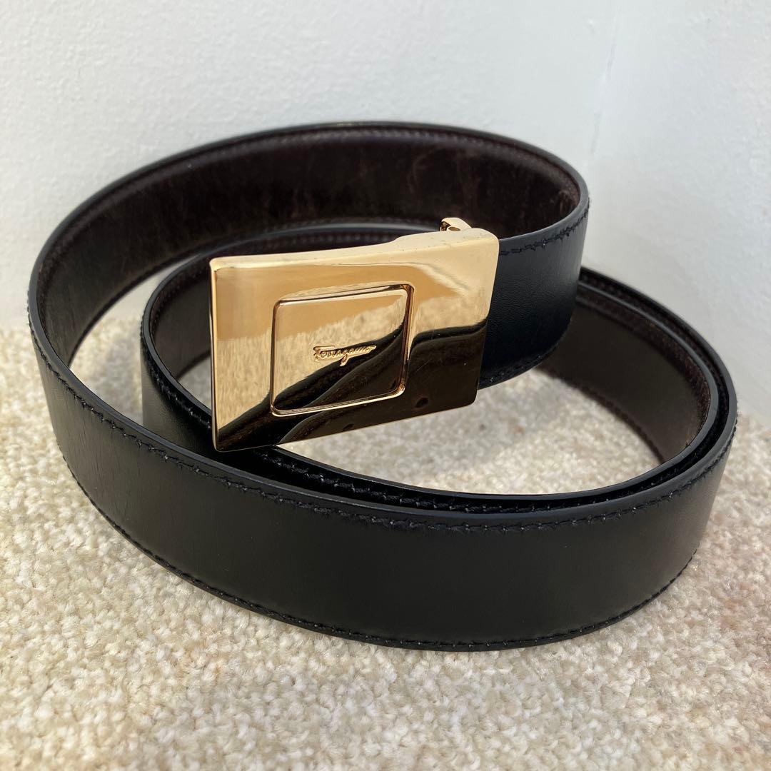 フェラガモ 黒✖️茶レザー ベルト 金色バックル 5穴 Salvatore
