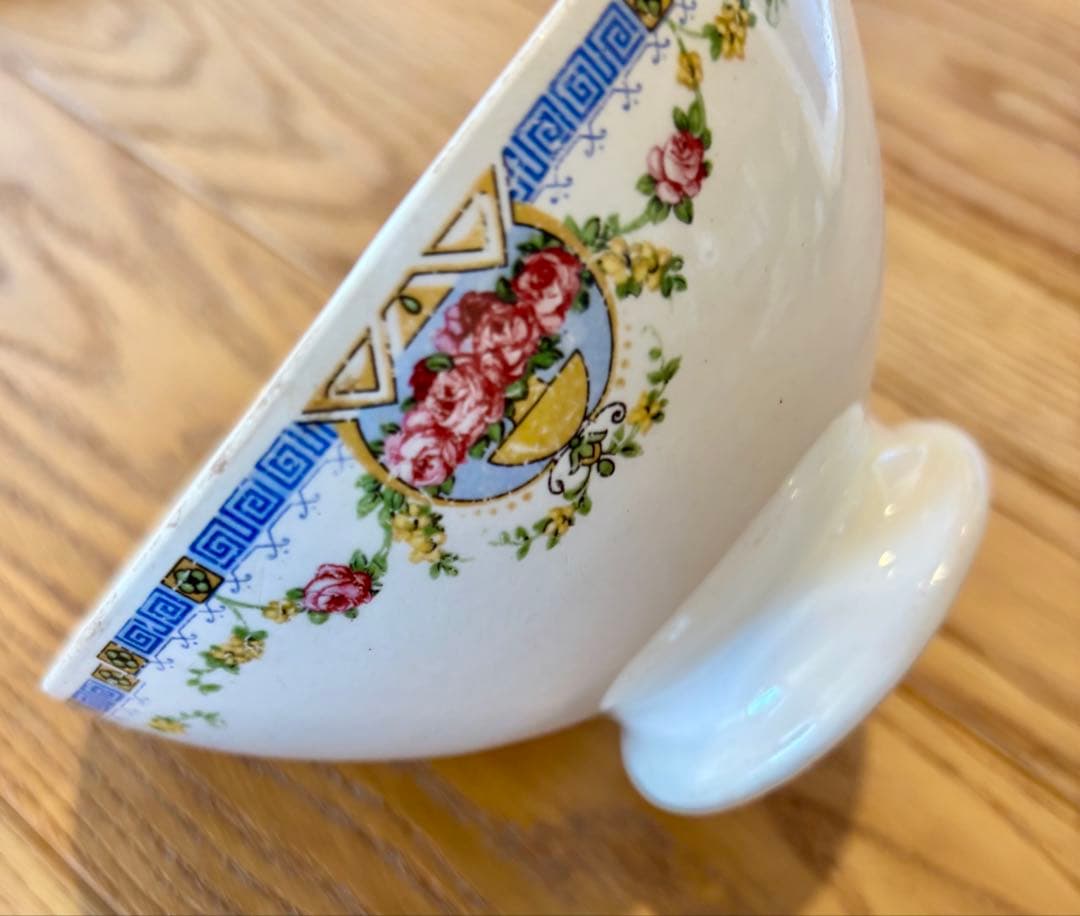 フランスアンティーク ローズ ギルランドの縁飾り　カフェオレボウル