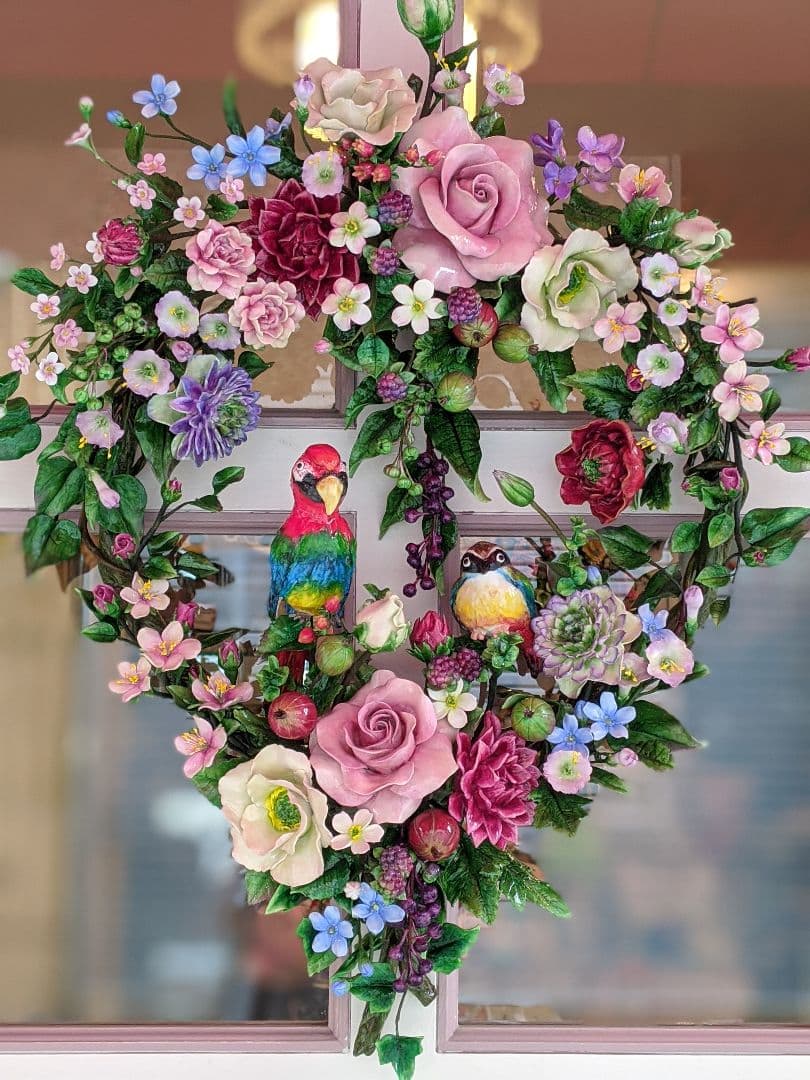 【専用となりました】クレイフラワー❁フラワーリース特大❁鳥❁ハンドメイド