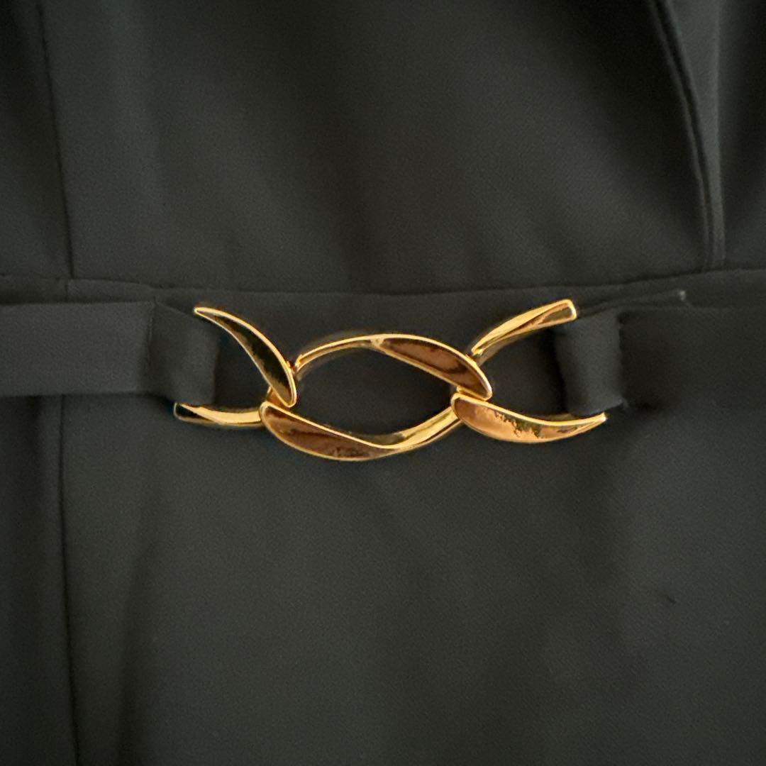 Rinfarre Aライン スカーフ柄モスグリーン 七分袖 Vネック ワンピース