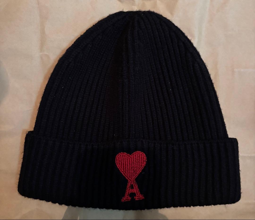 AMI PARIS アミパリス ビーニー ニット帽 黒 ハートロゴ - メルカリ
