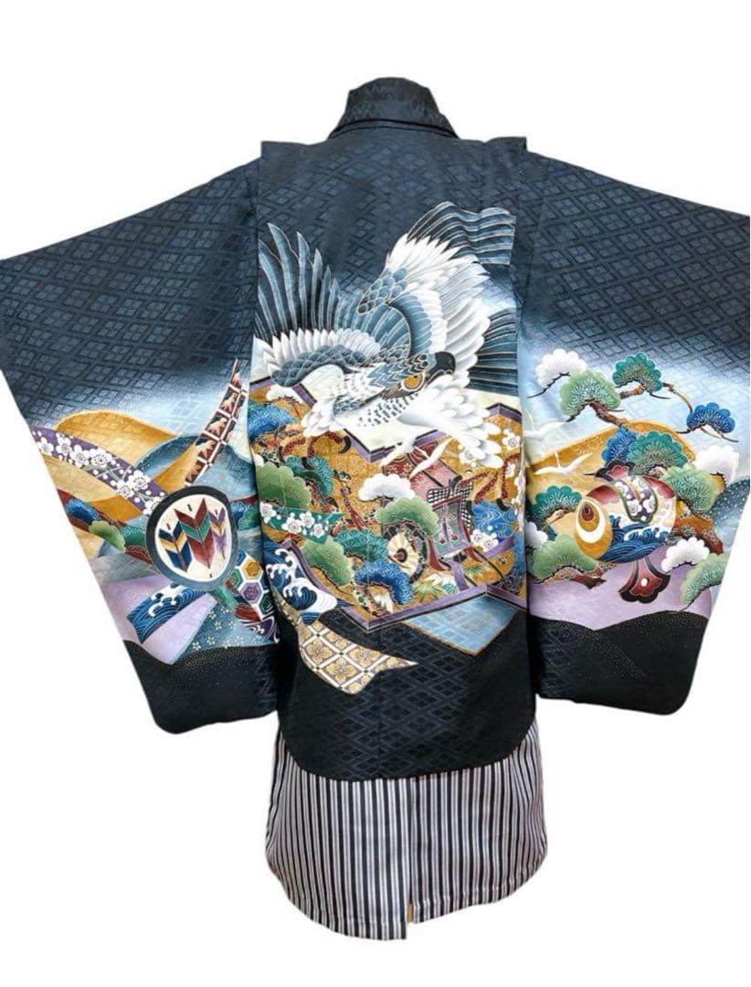 正統派黒縦縞袴◆七五三　5歳　男の子　セット　一式　鷹　黒系