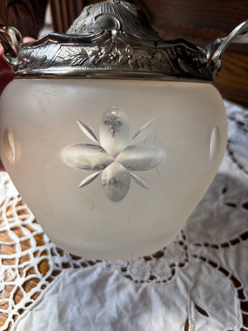 フランスアンティーク蓋付 エッチング花模様ビスケットジャー