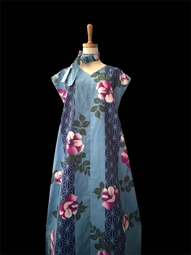 6Y42-12浴衣リメイクワンピース　ハンドメイド　ロング　マキシ　新品反物