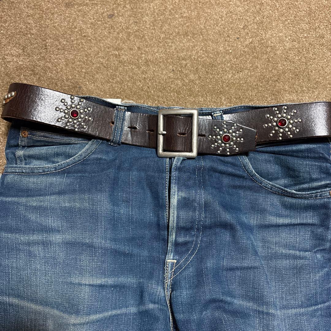 34inch HTC ウイング レザー スタッズベルト　茶芯　ブラック