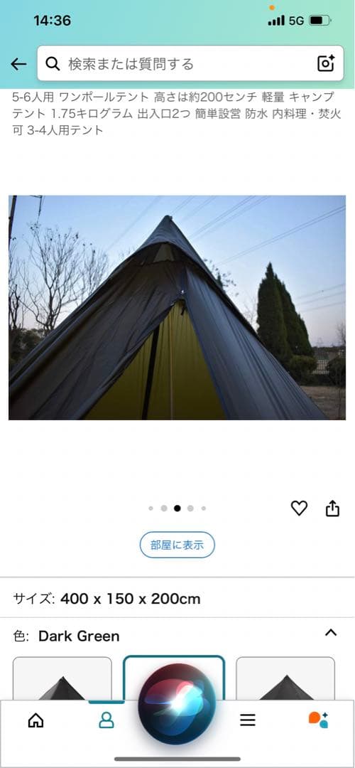 ダークグリーン ワンポールテント 3-4人用 1.75kg