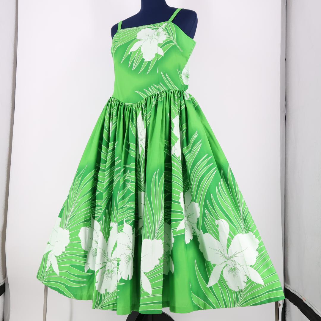 フラダンス衣装】グリーン ワンピース ドレス 花柄 ホワイト 白 緑 黄