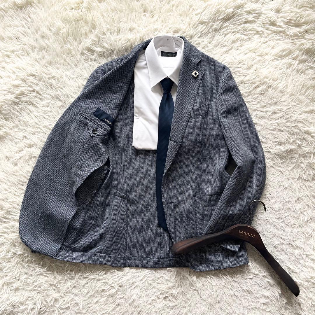<美品>LARDINI 新ロゴ ネイビー ウール リネン シルク ジャケット48
