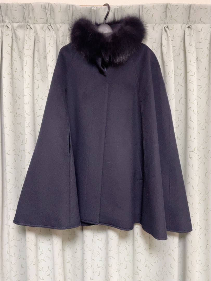 フォックスファー付きケープコート ダークネイビー