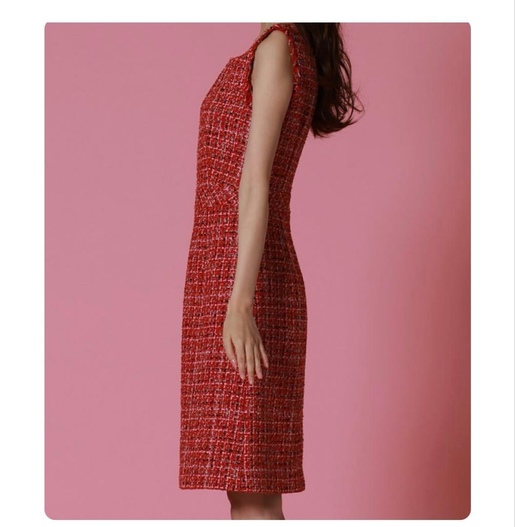 ERUKEI]レッド・ツイード・フリンジAライン膝丈ミニドレスワンピース黒木麗奈