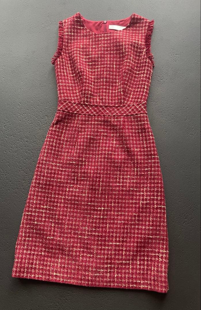 ERUKEI]レッド・ツイード・フリンジAライン膝丈ミニドレスワンピース黒木麗奈