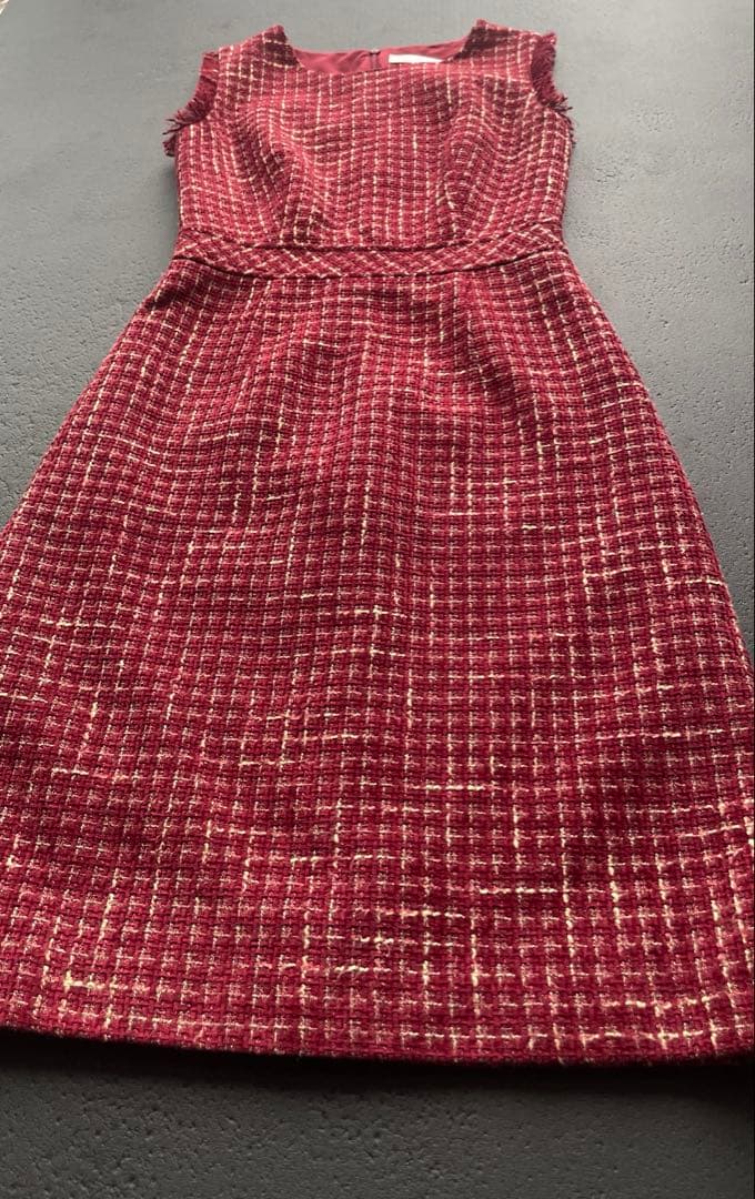 ERUKEI]レッド・ツイード・フリンジAライン膝丈ミニドレスワンピース黒木麗奈