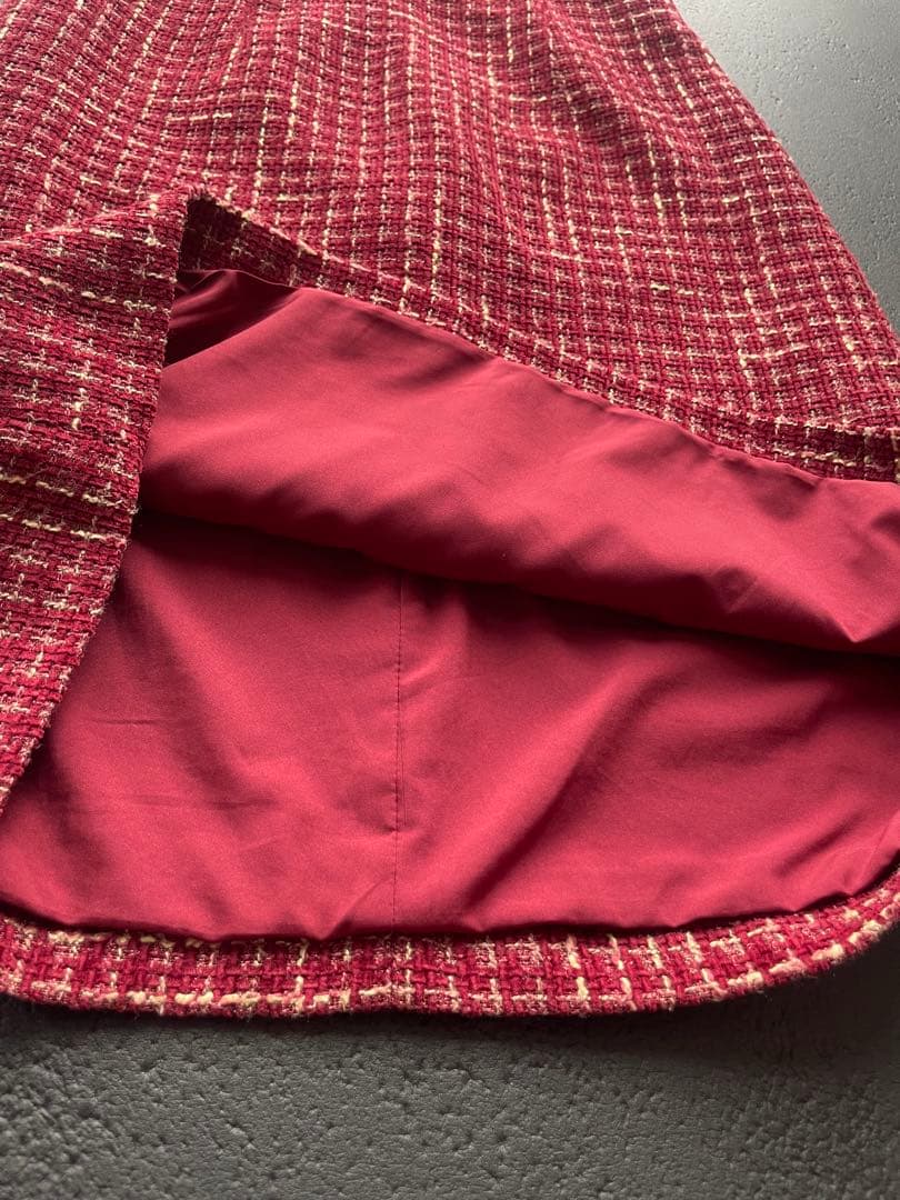 ERUKEI]レッド・ツイード・フリンジAライン膝丈ミニドレスワンピース黒木麗奈