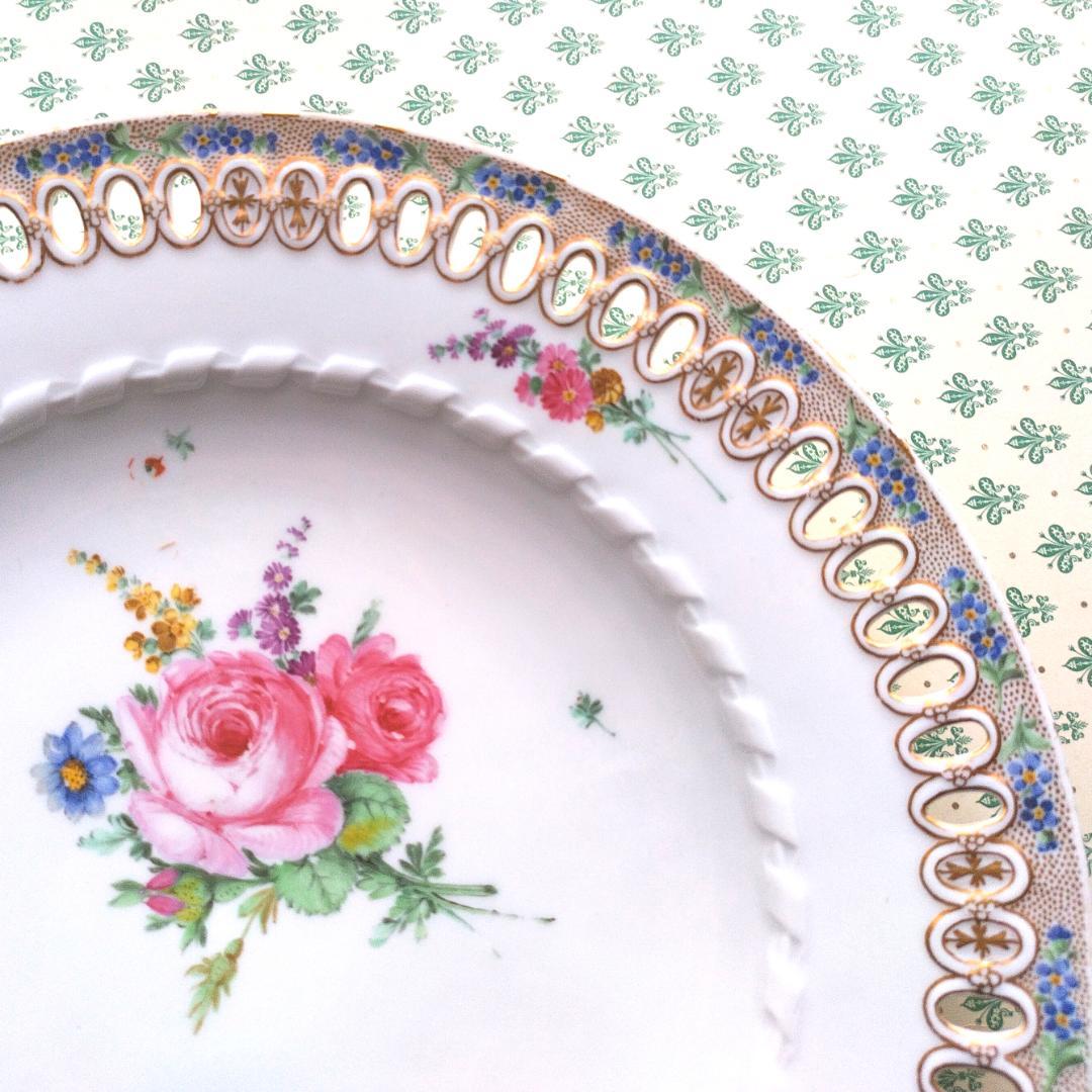 マイセン 1790年頃 金彩透かしと忘れな草のボーダー花絵 デザート