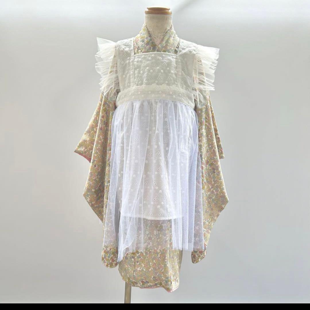 被布エプロン【ホワイトレース】 チュール被布 被布ドレス 七五三着物