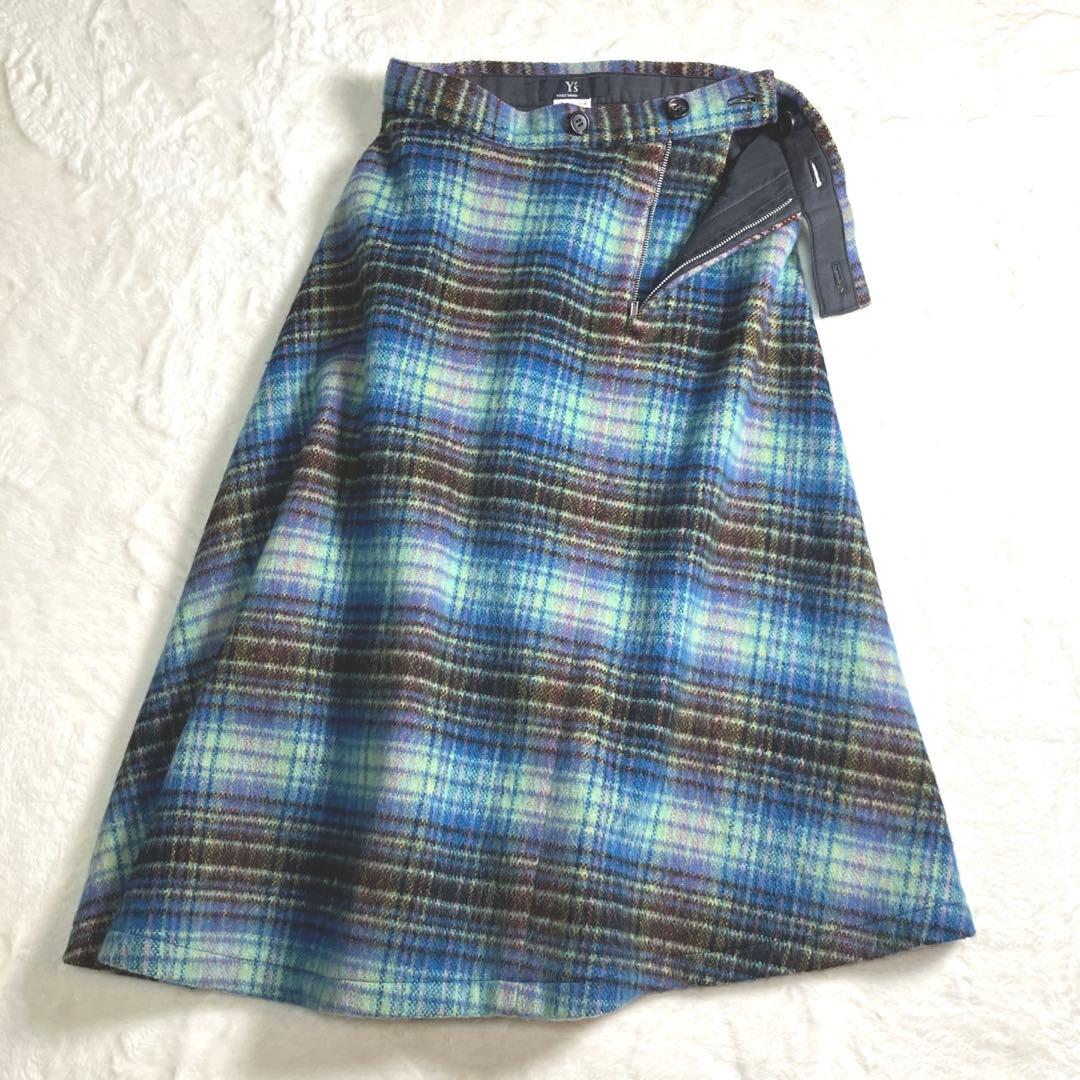 【本日21時迄価格】Y’s ヨウジヤマモト✨モヘヤ混変形デザインチェックスカート
