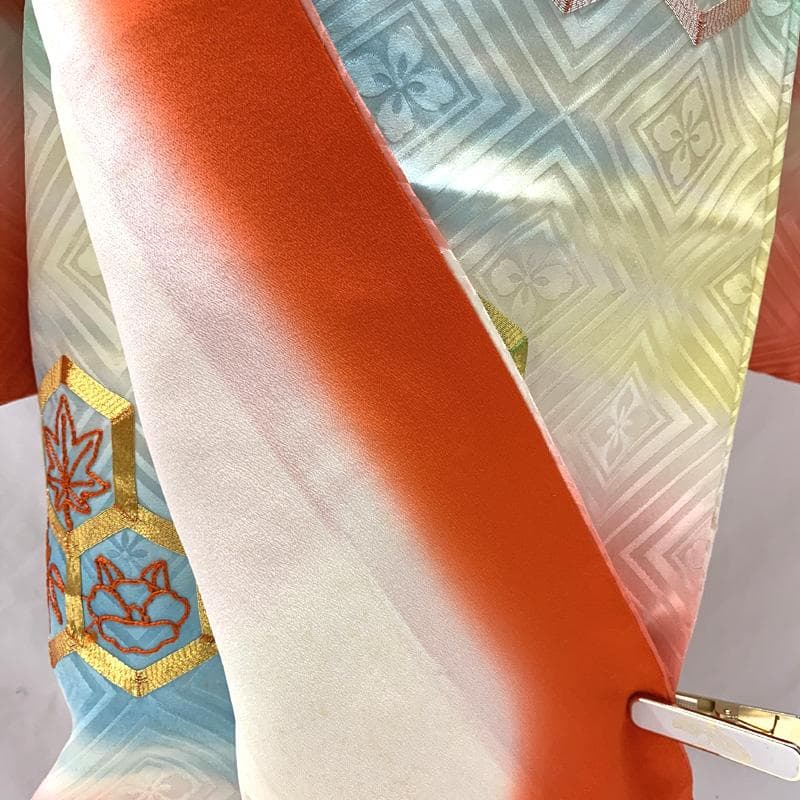 505ag60□七五三 七歳 女児 着物&袋帯 金駒刺繍 亀甲文□状態良好