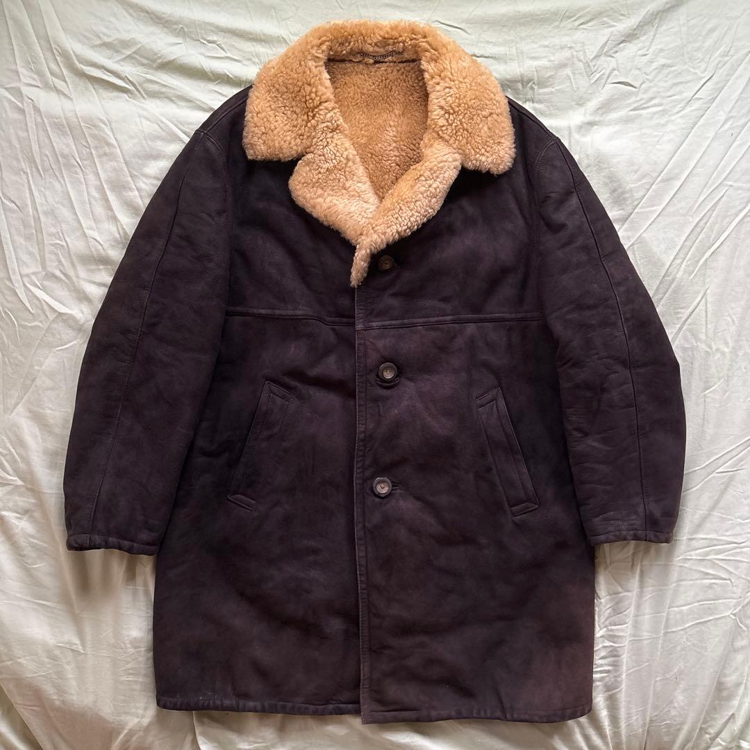 【90s】vintage ブラックムートン ギャングコート 本革 ボア チェーン