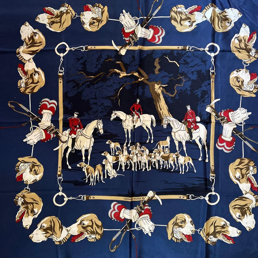 激レア レオパードフラワーブラック エルメスHERMES カレ 犬柄スカーフ