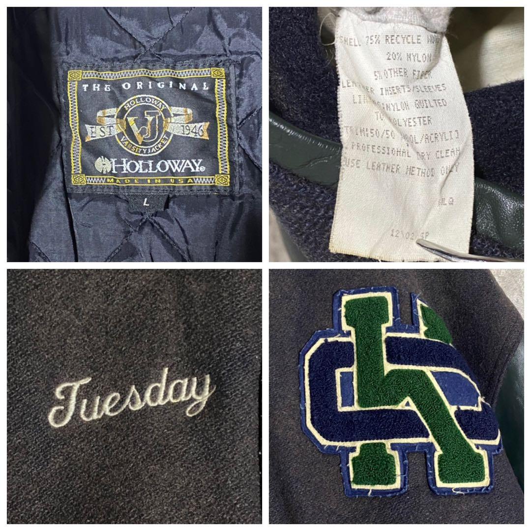 HOLLOWAY レザースタジャン 刺繍 ネイビー グリーン L ブルゾン