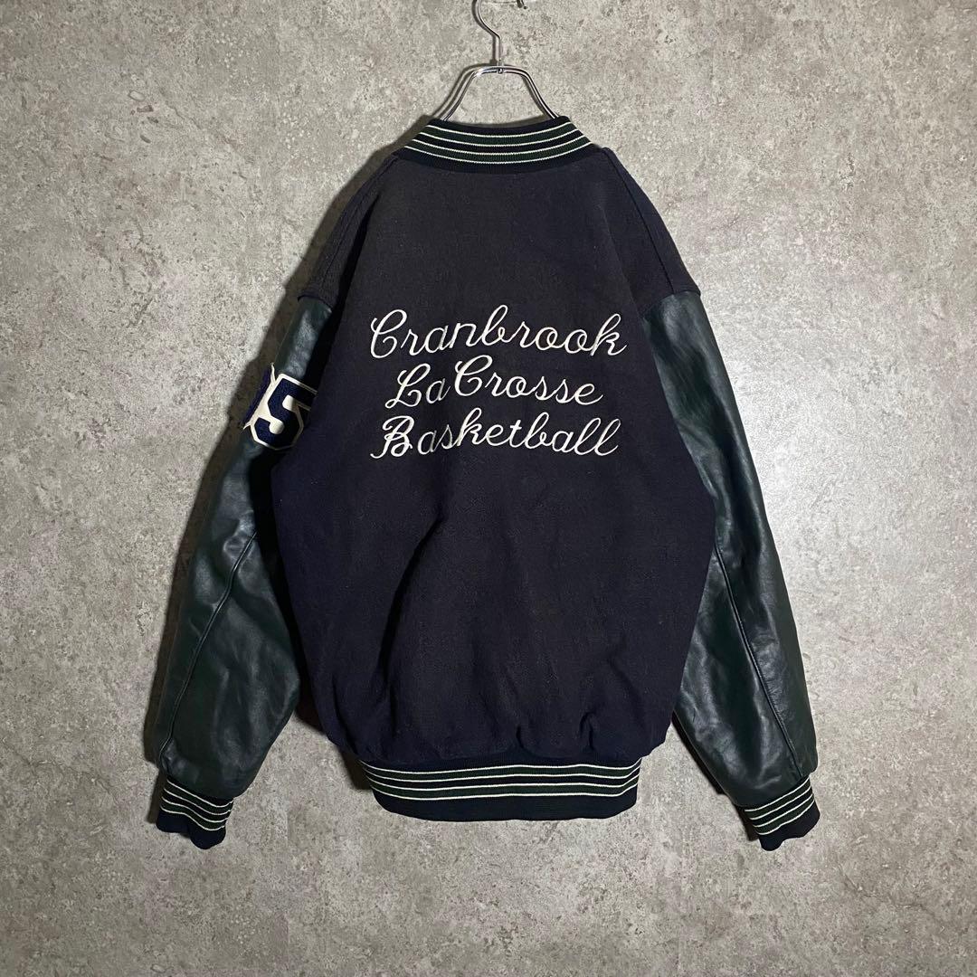 HOLLOWAY レザースタジャン 刺繍 ネイビー グリーン L ブルゾン