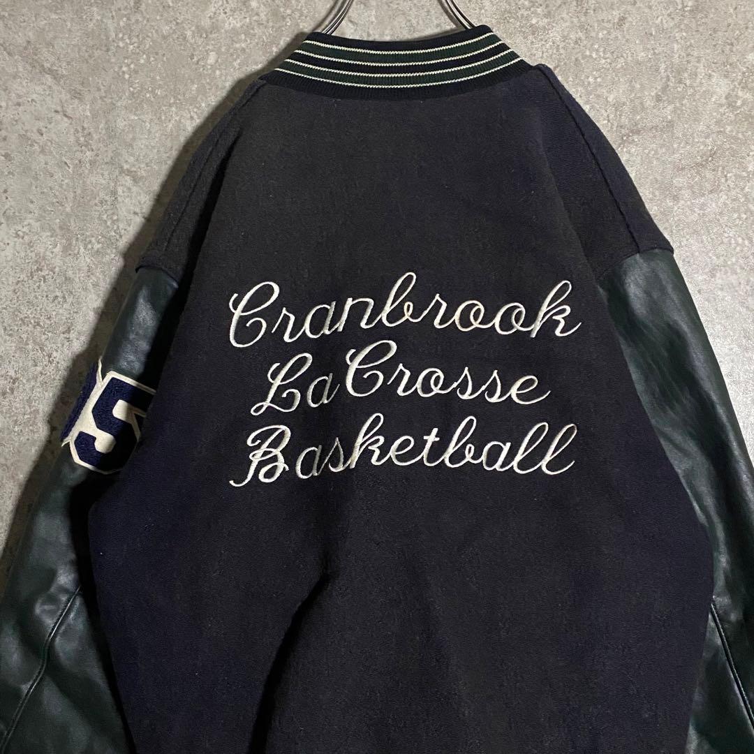 HOLLOWAY レザースタジャン 刺繍 ネイビー グリーン L ブルゾン