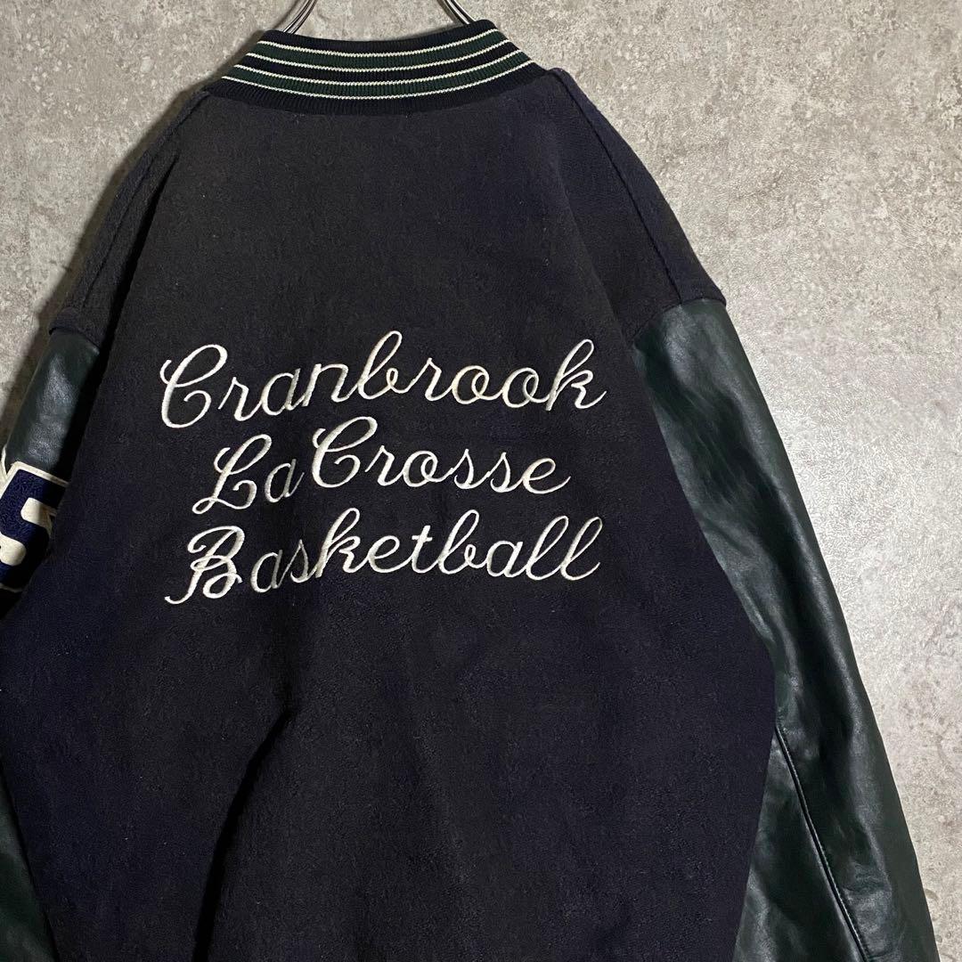 HOLLOWAY レザースタジャン 刺繍 ネイビー グリーン L ブルゾン