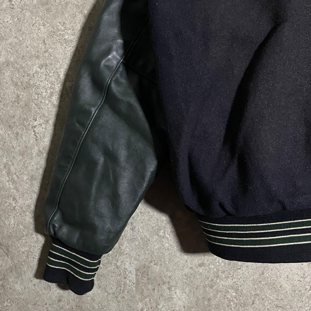 HOLLOWAY レザースタジャン 刺繍 ネイビー グリーン L ブルゾン