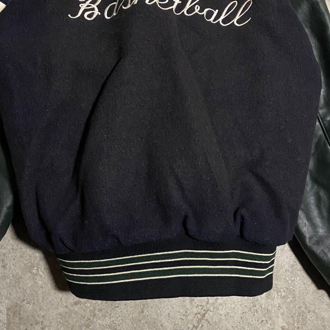 HOLLOWAY レザースタジャン 刺繍 ネイビー グリーン L ブルゾン