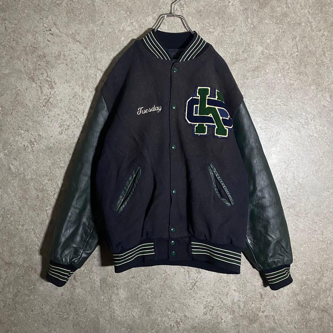 HOLLOWAY レザースタジャン 刺繍 ネイビー グリーン L ブルゾン
