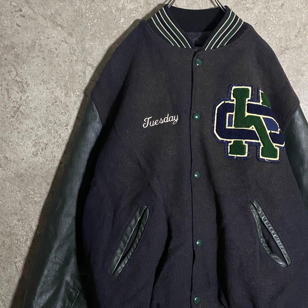 HOLLOWAY レザースタジャン 刺繍 ネイビー グリーン L ブルゾン