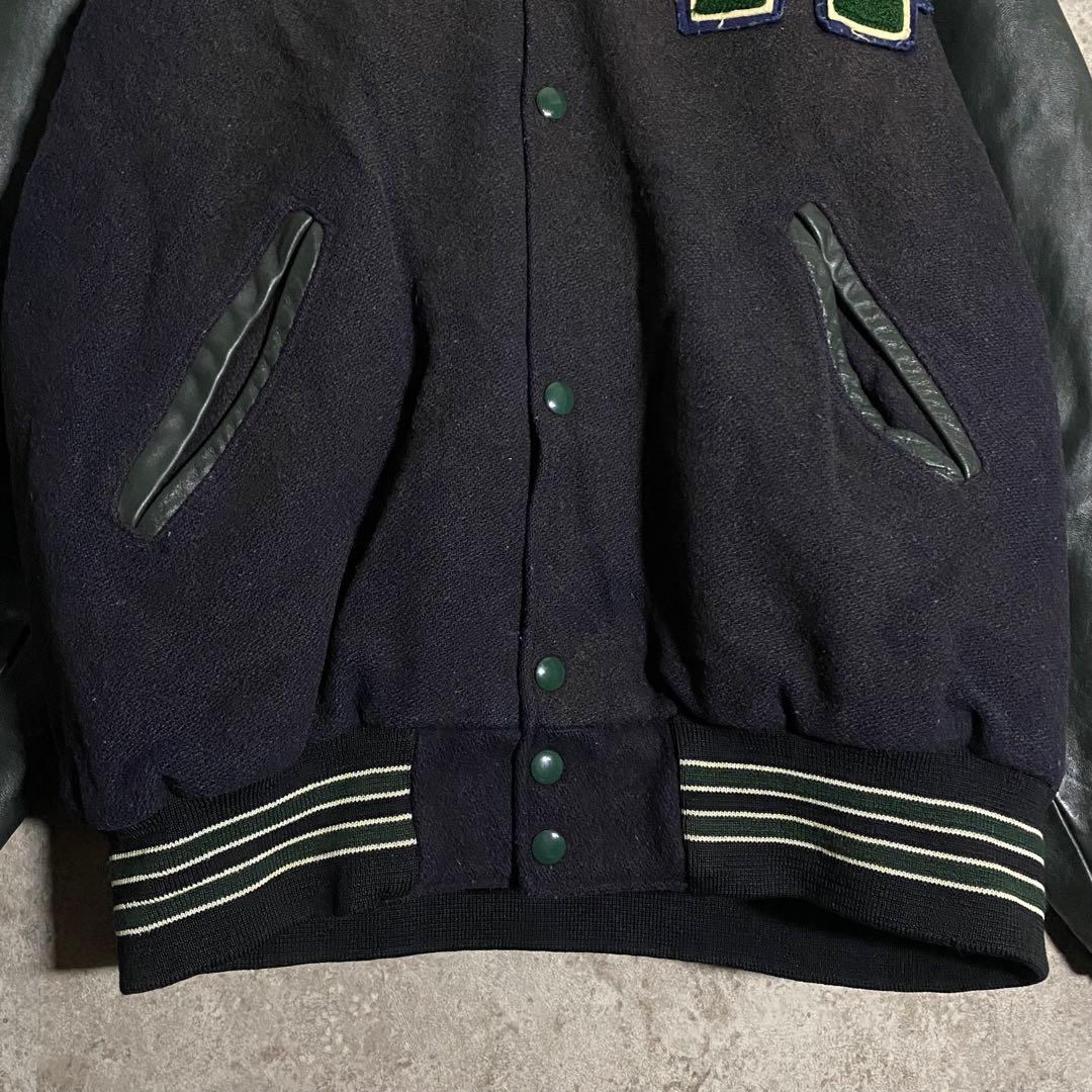 HOLLOWAY レザースタジャン 刺繍 ネイビー グリーン L ブルゾン