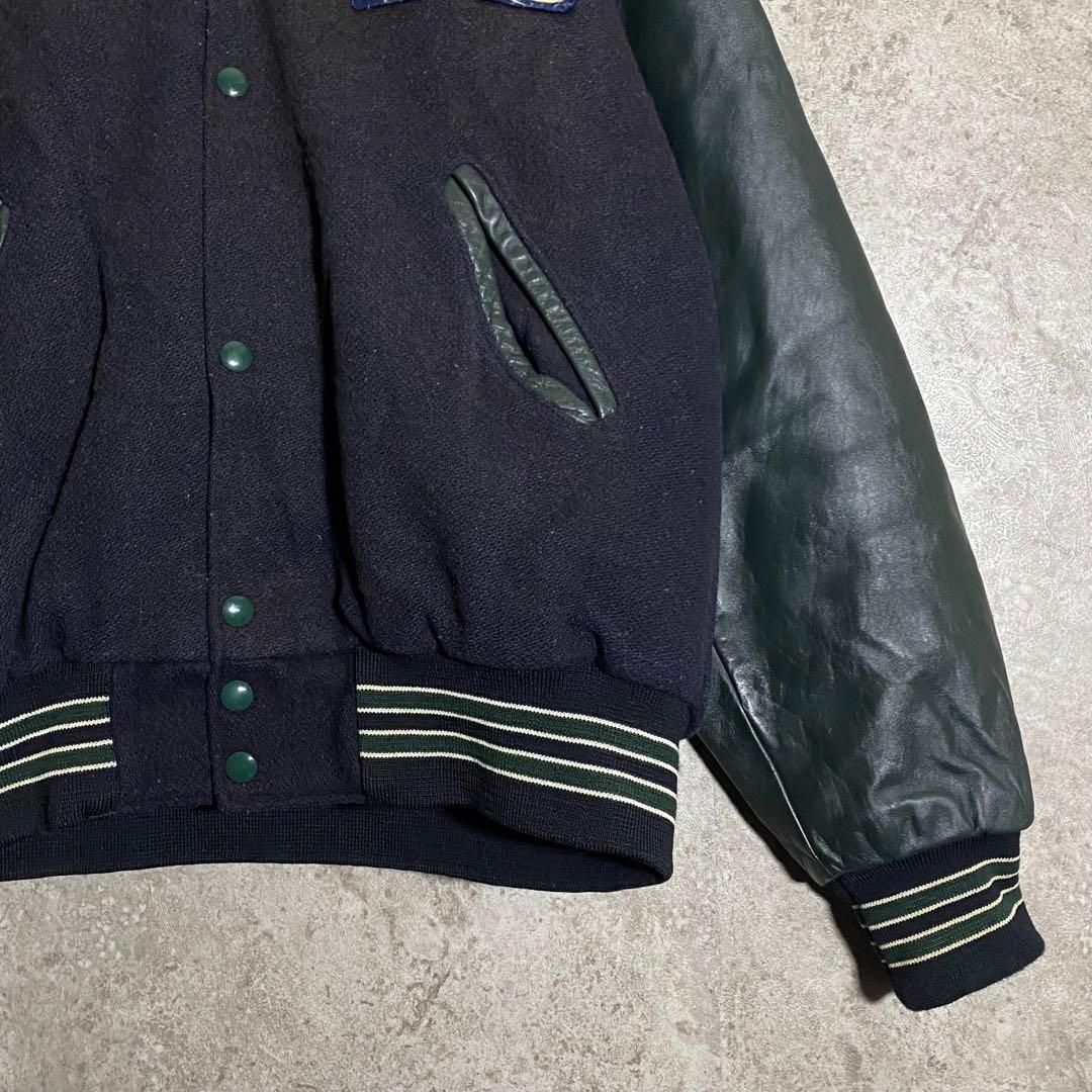 HOLLOWAY レザースタジャン 刺繍 ネイビー グリーン L ブルゾン
