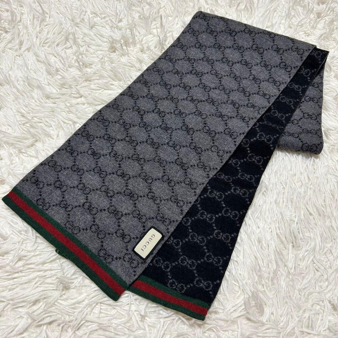GUCCI グッチ シェリーライン GG柄 マフラー グレー×ブラック