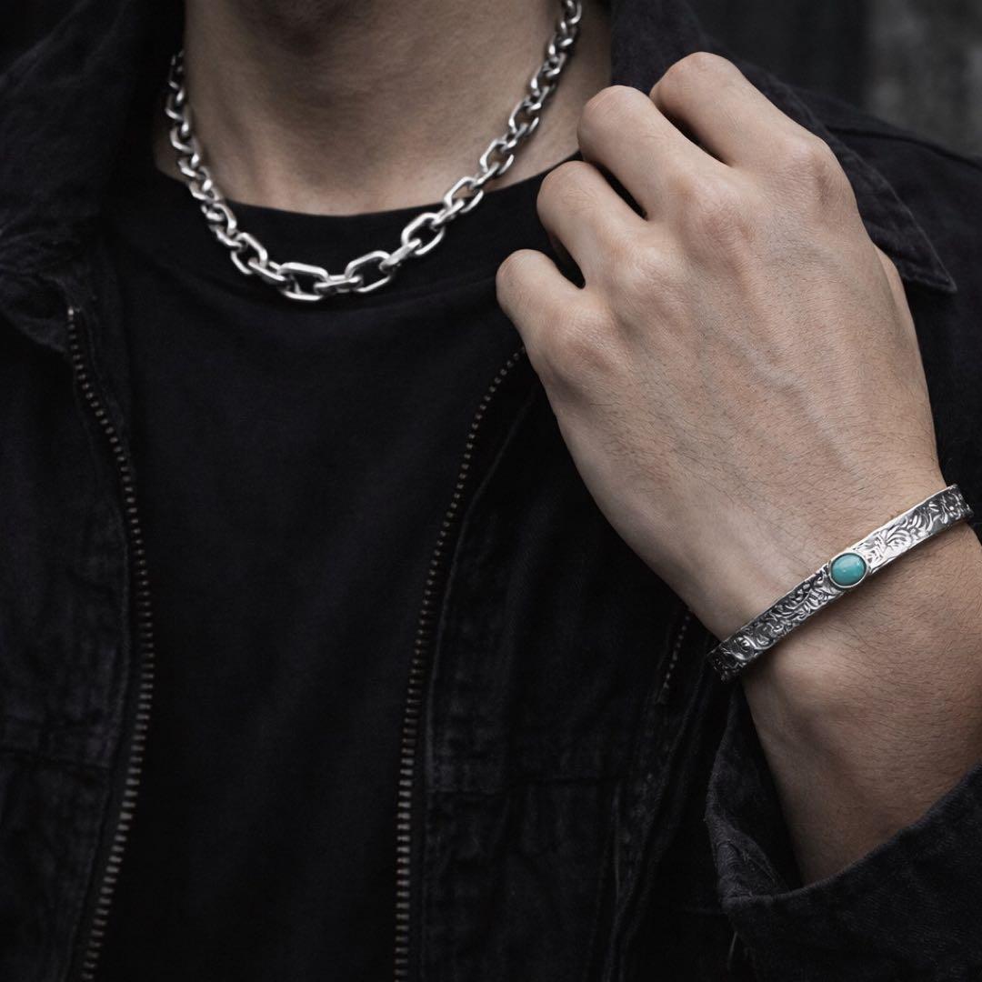 ターコイズ バングル ＆ 太めチェーンネックレス 2点セット メンズ