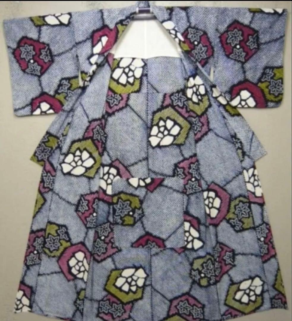 粋な大人の浴衣 高身長の方にも◆有松絞り 薔薇と紅葉の亀甲紋繋ぎ 手の込んだ逸品