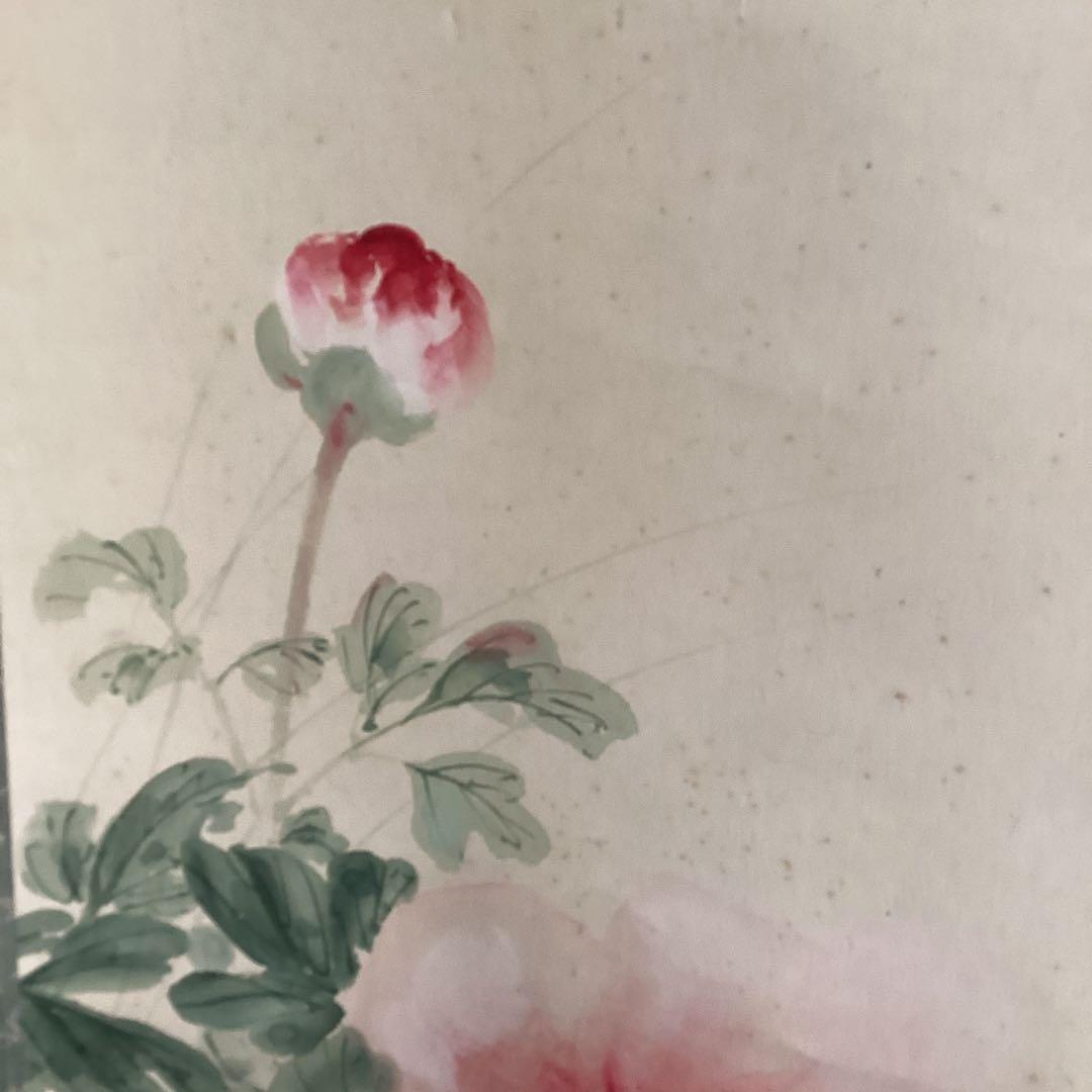 圭舟筆紙本【芍薬に小禽図】彩色画掛け軸一幅未鑑定品NO187