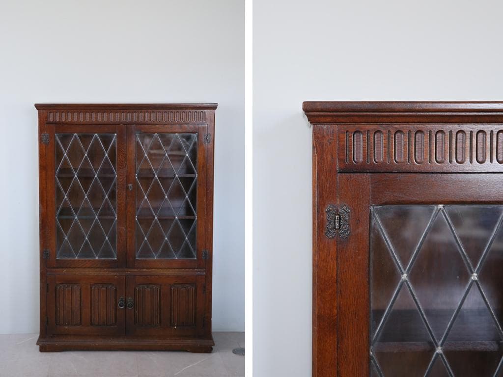 英国アンティーク木製ブックケースキャビネット/本棚/食器棚/飾り棚(91-27)