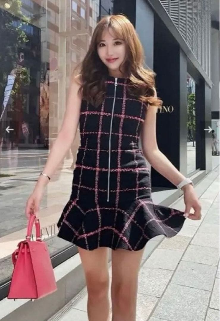 sheller フロントZIPチェックツイードドレス