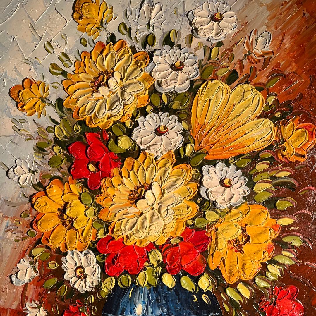 ☆特大秀作☆ 手書き油絵 花瓶の花 額付き インテリア 肉筆絵画 油彩画