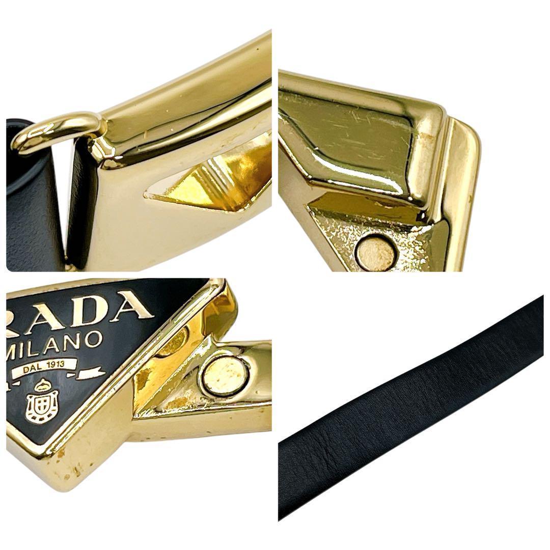 美品 プラダ 1CM263 レザー ゴム ベルト 黒 ブラック 金 レディース