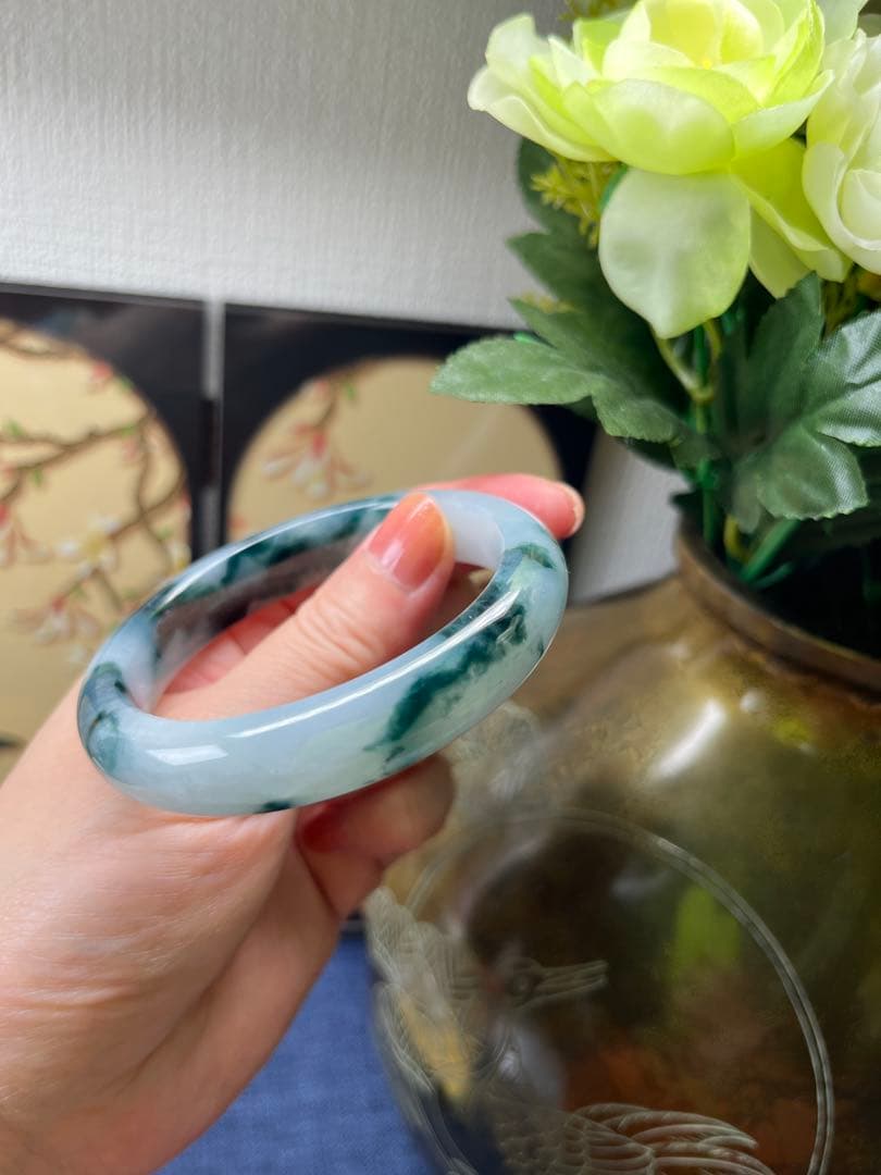 高級品❣️天然A貨翡翠　トロトロ、浮かぶ藍花柄付き氷種翡翠バングル　鑑定書付き