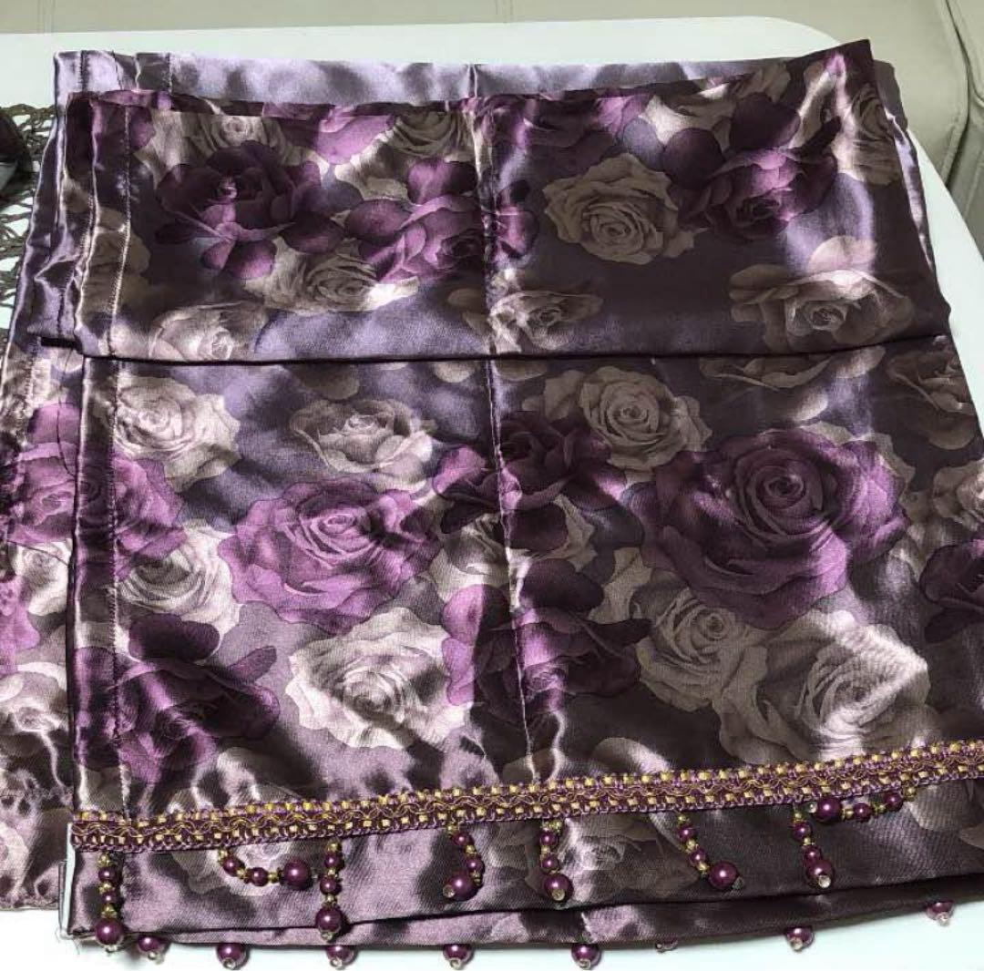 ヨーロピアン風　紫色のバラ柄カーテン3枚セット