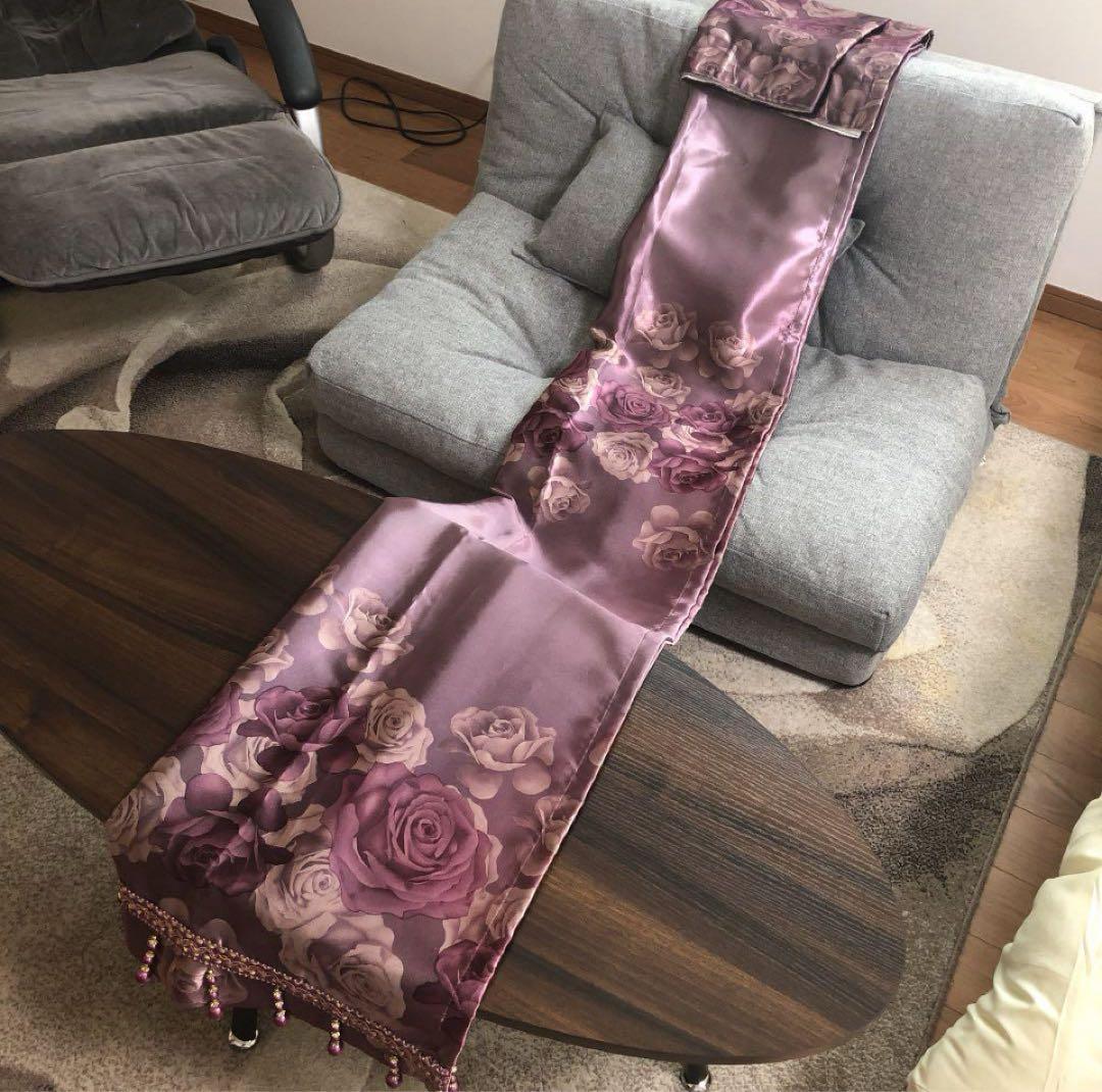 ヨーロピアン風　紫色のバラ柄カーテン3枚セット