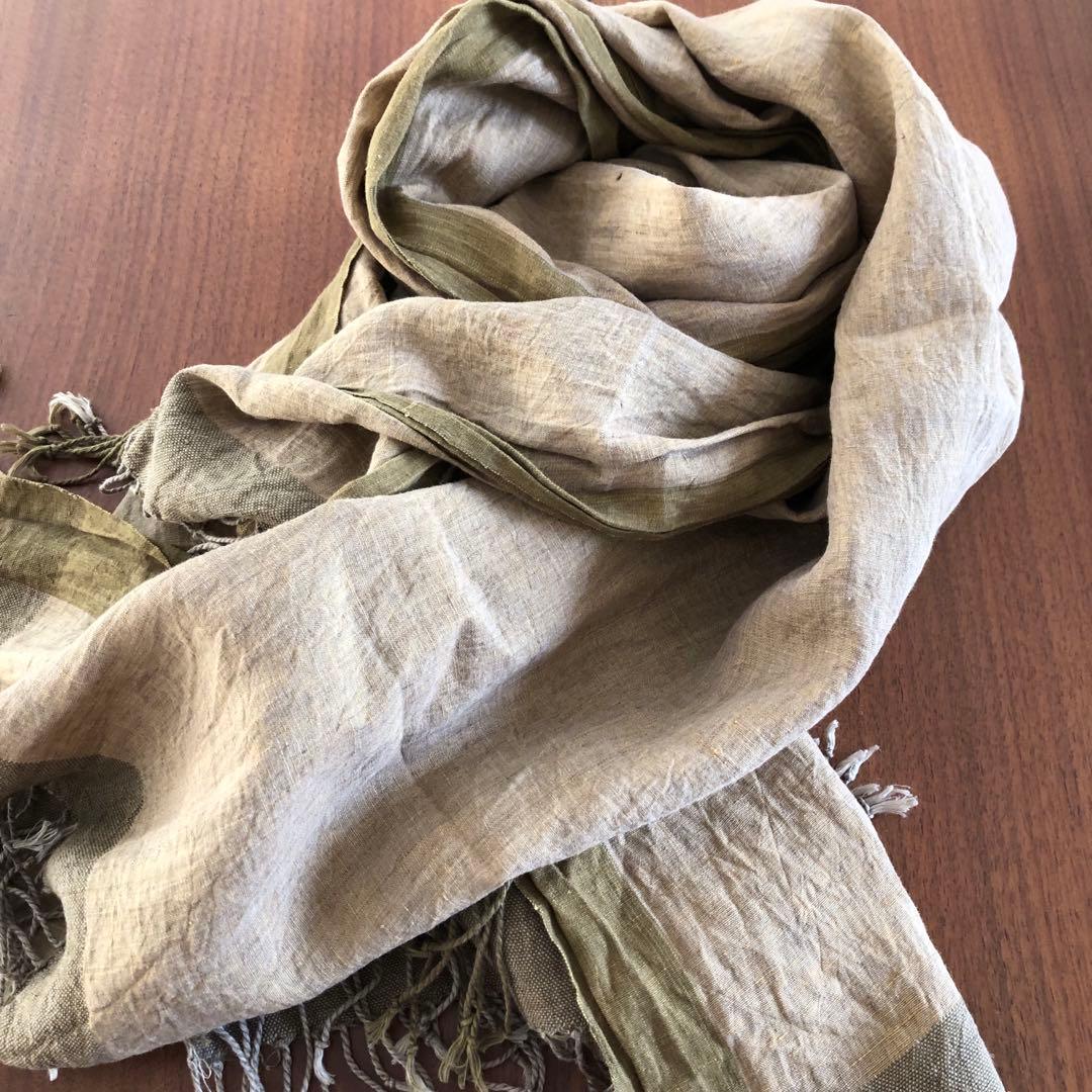 ヨーガンレールオリーブグリーン 茶系リネン ストール 大判 フリンジ付き麻100