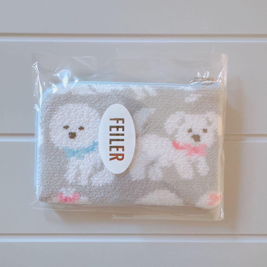 フェイラー　モフモフワンチャン　ハンカチ＆L字ポーチ　グレー