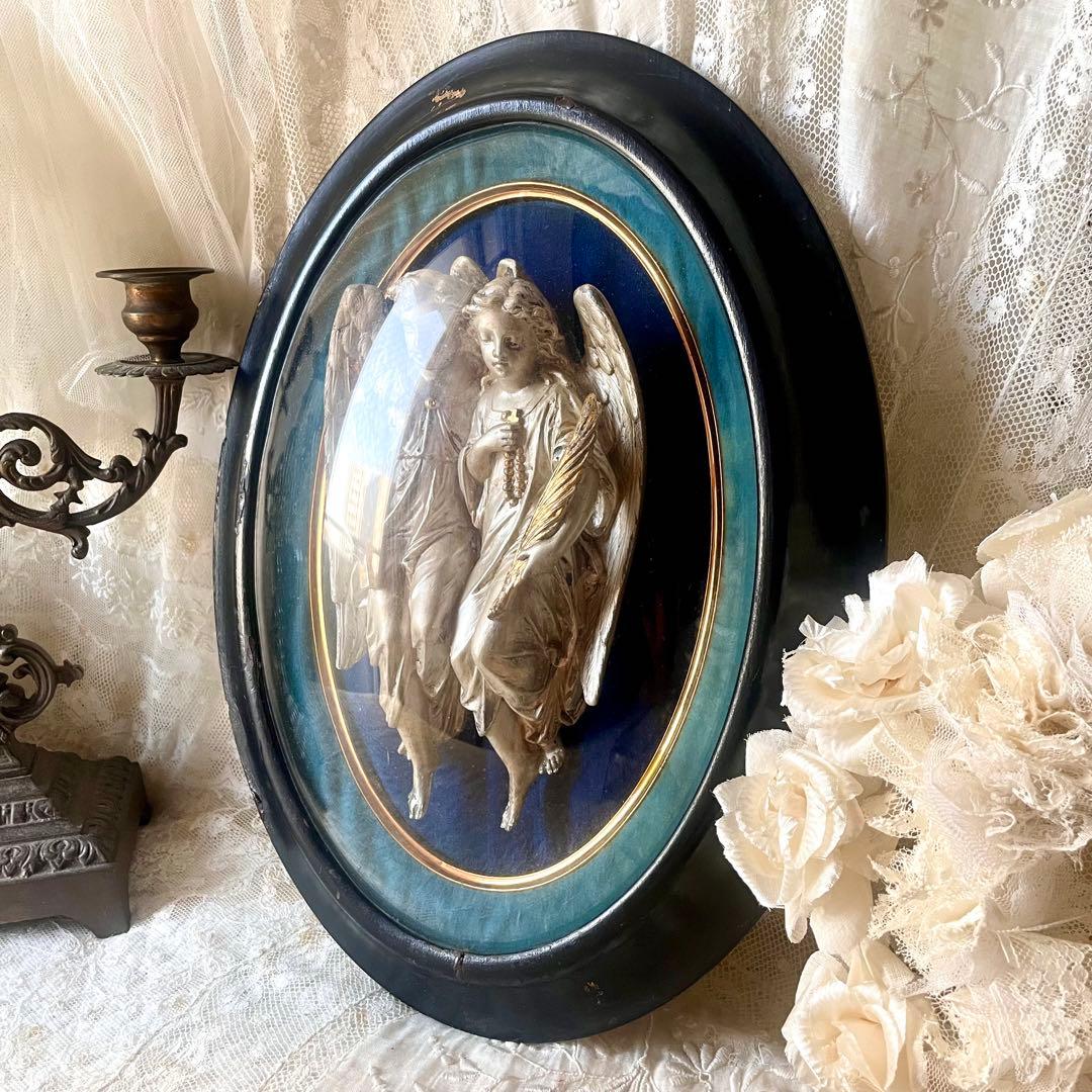 2人の天使のメダイヨン エンジェル フランスアンティーク オーバルフレーム彫刻