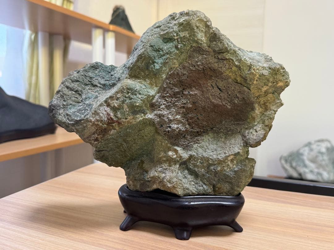 大型 下仁田 菊花石 菊寿石 鑑賞石 水石 自然石 盆石 盆栽 木製台座付き