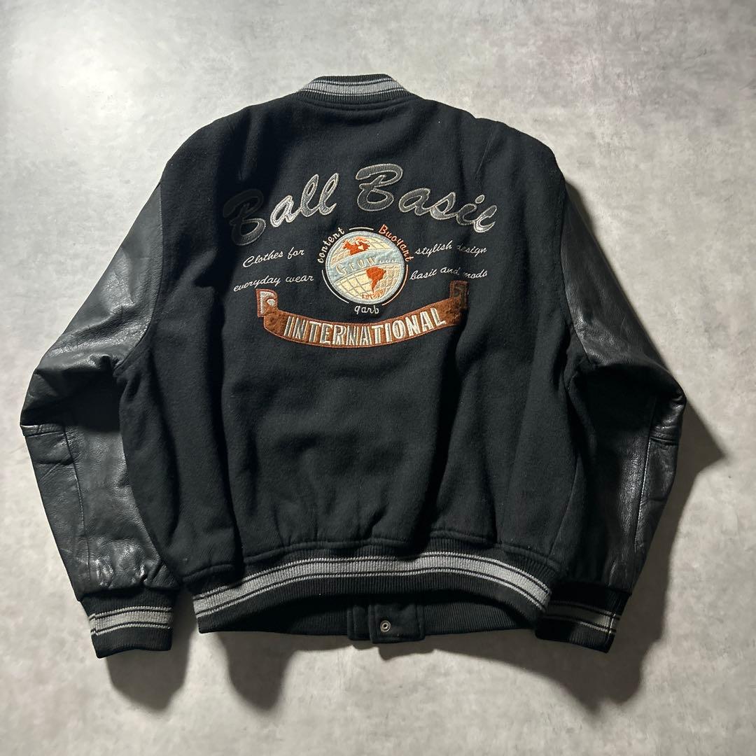 BALL BASIC ブラック レザー 刺繍 カレッジロゴ デザイン スタジャン